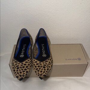 Rothy's Leopard-Print Pointed Flats in Tan and Black with Blue Trim